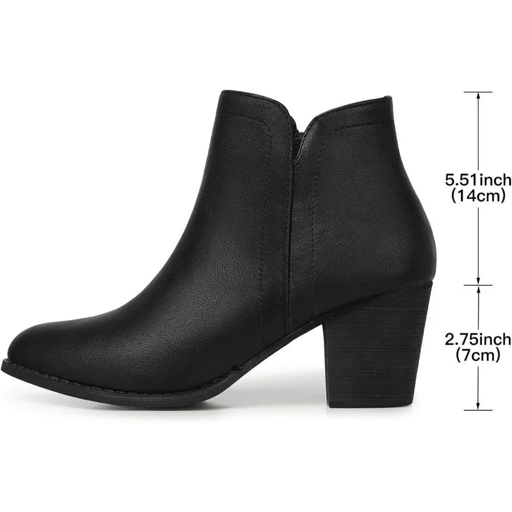 Women's Black Pu Ankle Chunky Heeled Almond Toe Short Zipper Faux Suede Booties